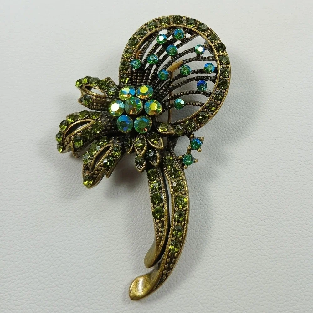 Vintage Green Rhinestone Brooch Pendant Bronze Tone‎ Floral Pin Unisex